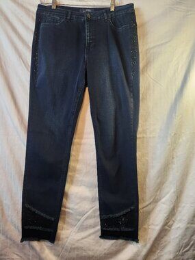 Joseph Ribkoff Rhinestone Embellished Frayed Hem Skinny Jeans Size 14 Indigo